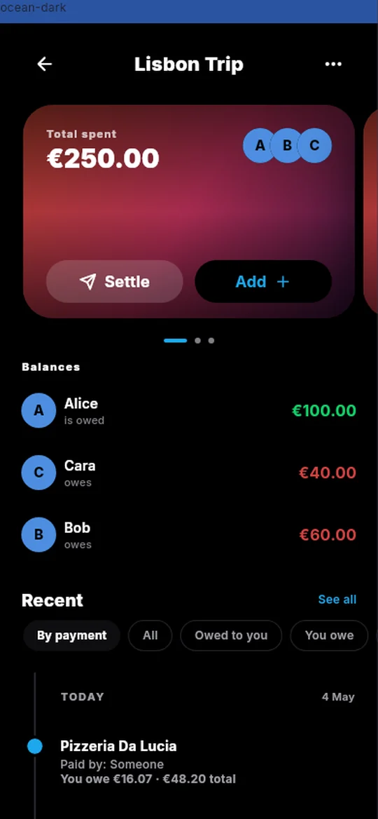 SplitUp: Gruppe „Lisbon Trip“ mit Gesamtausgaben, Salden und letzten Zahlungen